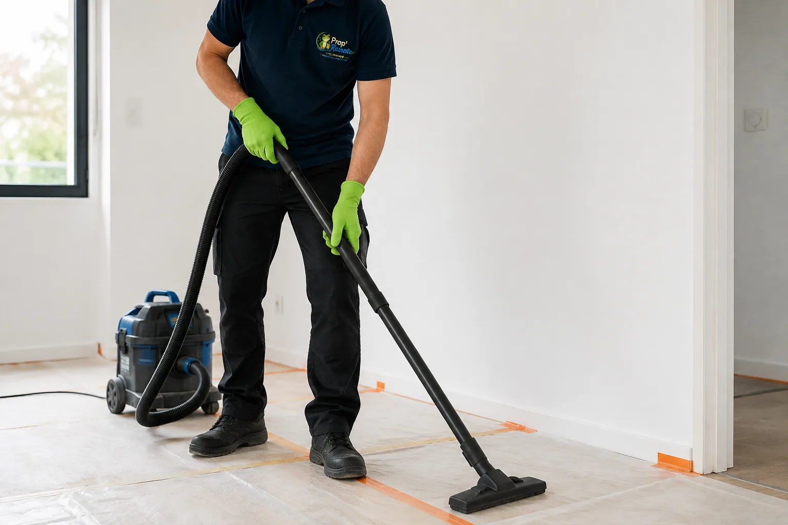 Aspiration des poussières de chantier sur le sol d'un logement neuf.