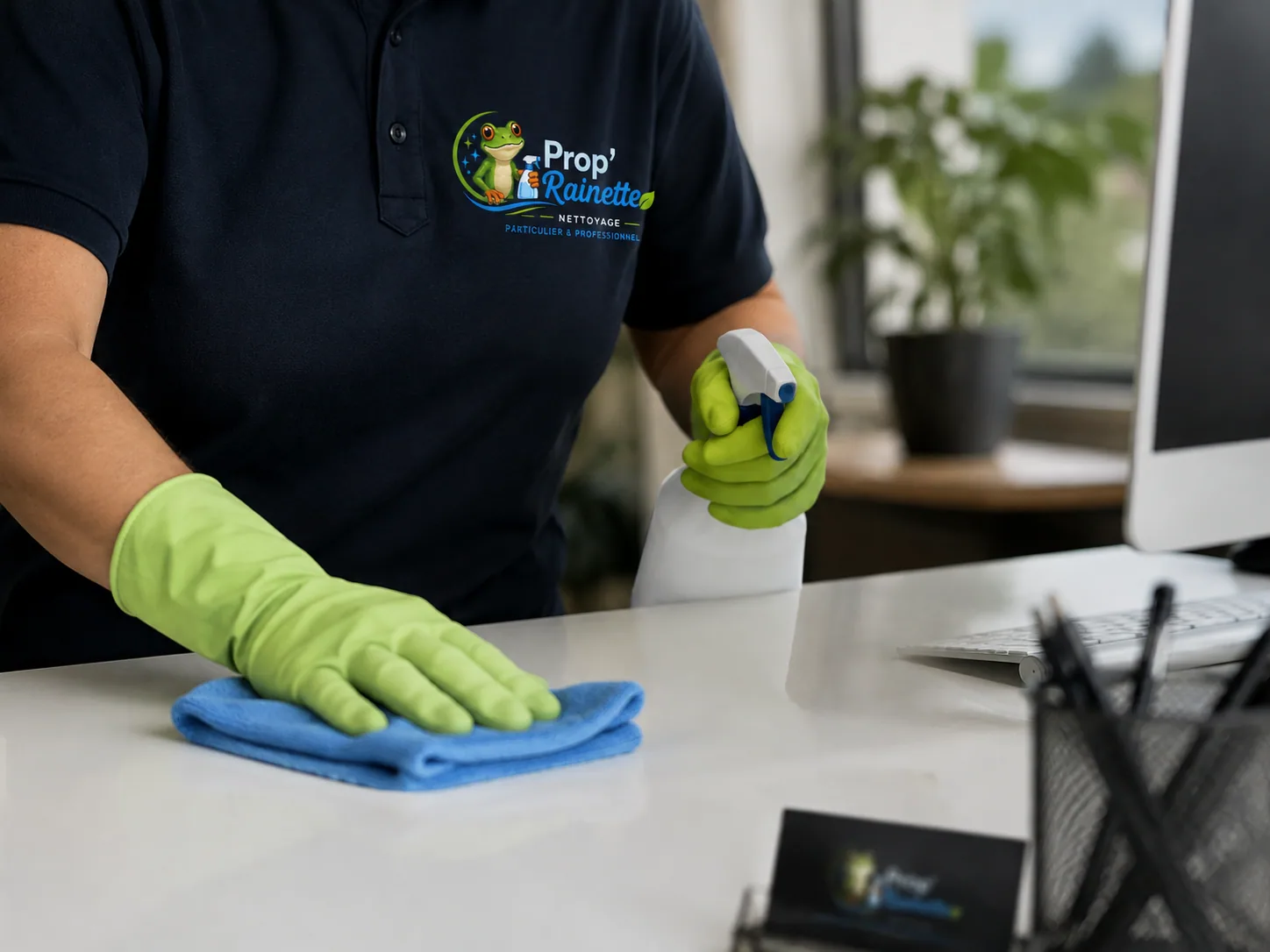 Intervenant nettoyant des surfaces lors d'un entretien régulier de locaux.