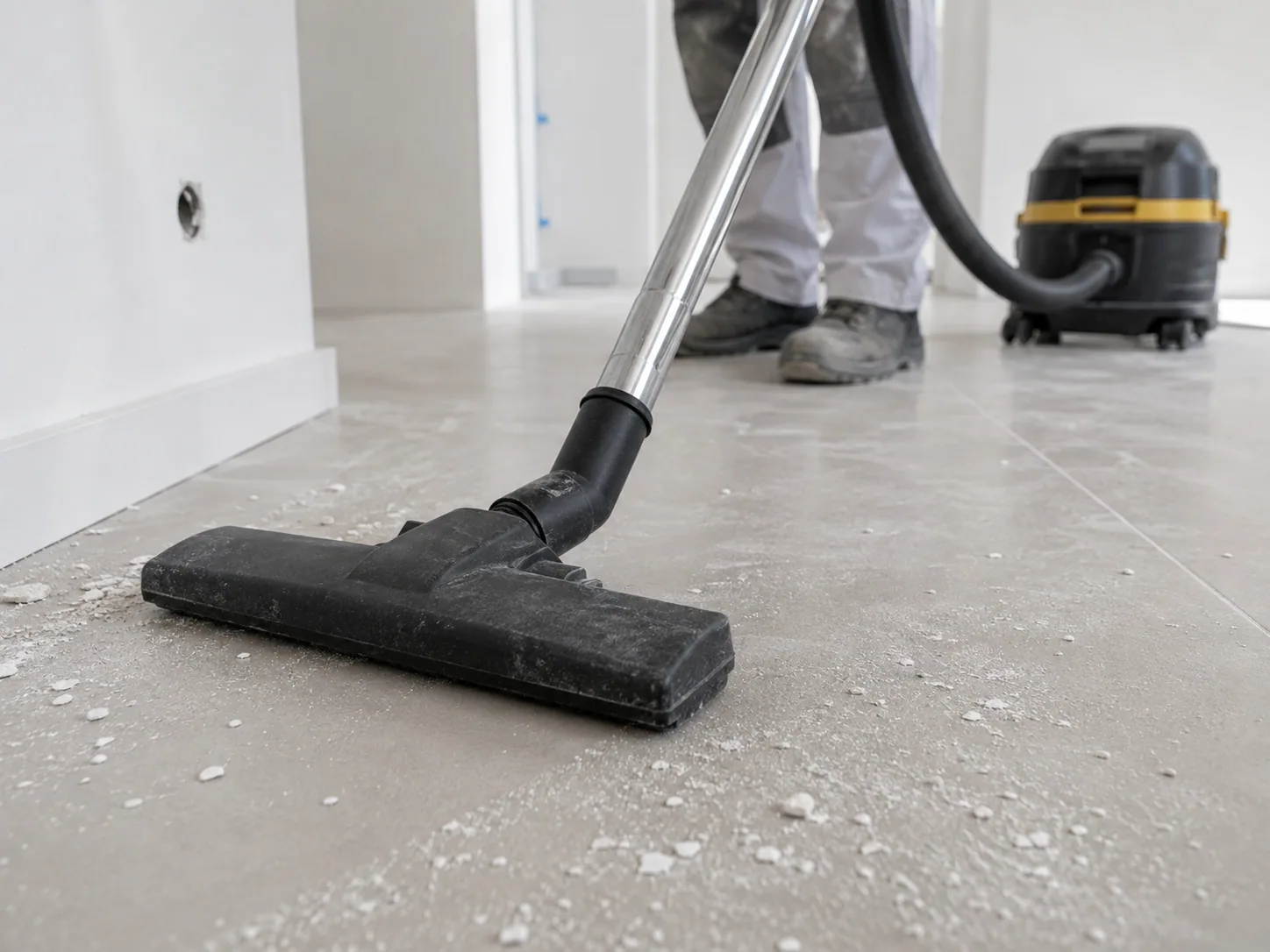 Nettoyage de fin de chantier dans un logement neuf avant livraison.